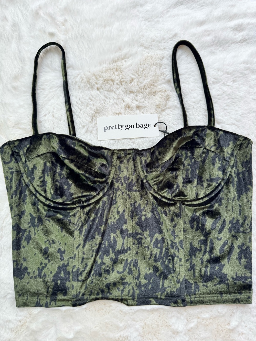 Pretty Garbage Olive Camo Velour Bustier Tank Adjustable Spaghetti Straps - M